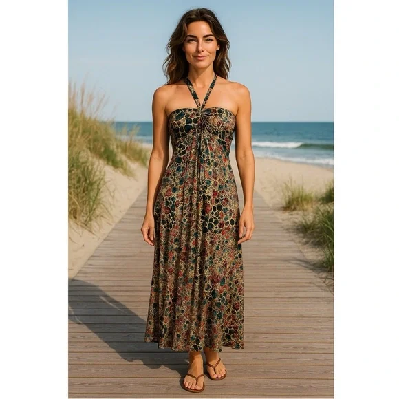 India Boutique | Dresses | India Boutique Boho Multi Color And Gold  Accented Halter Maxi Dress | Poshmark